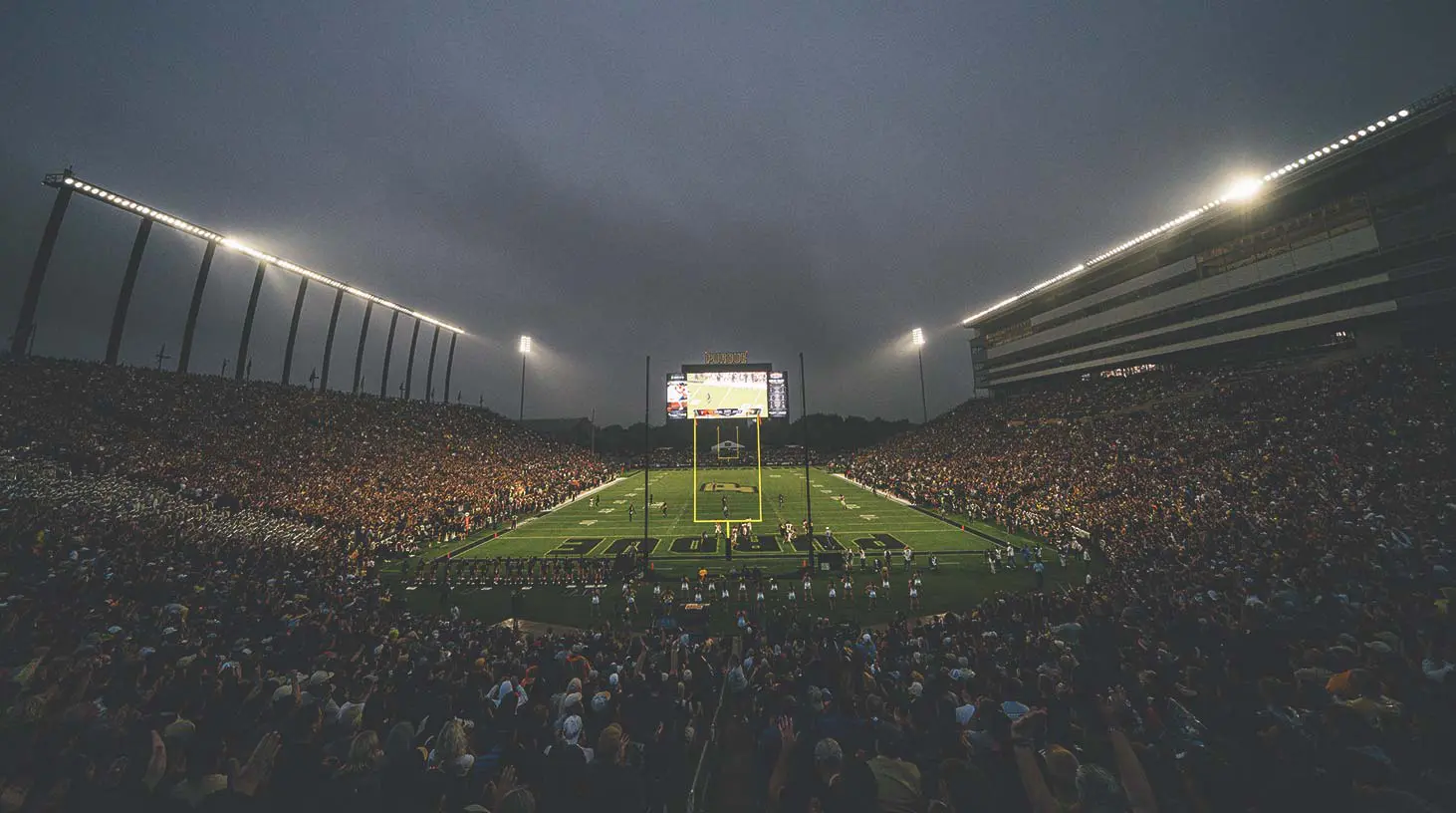 View of a packed stadium at night