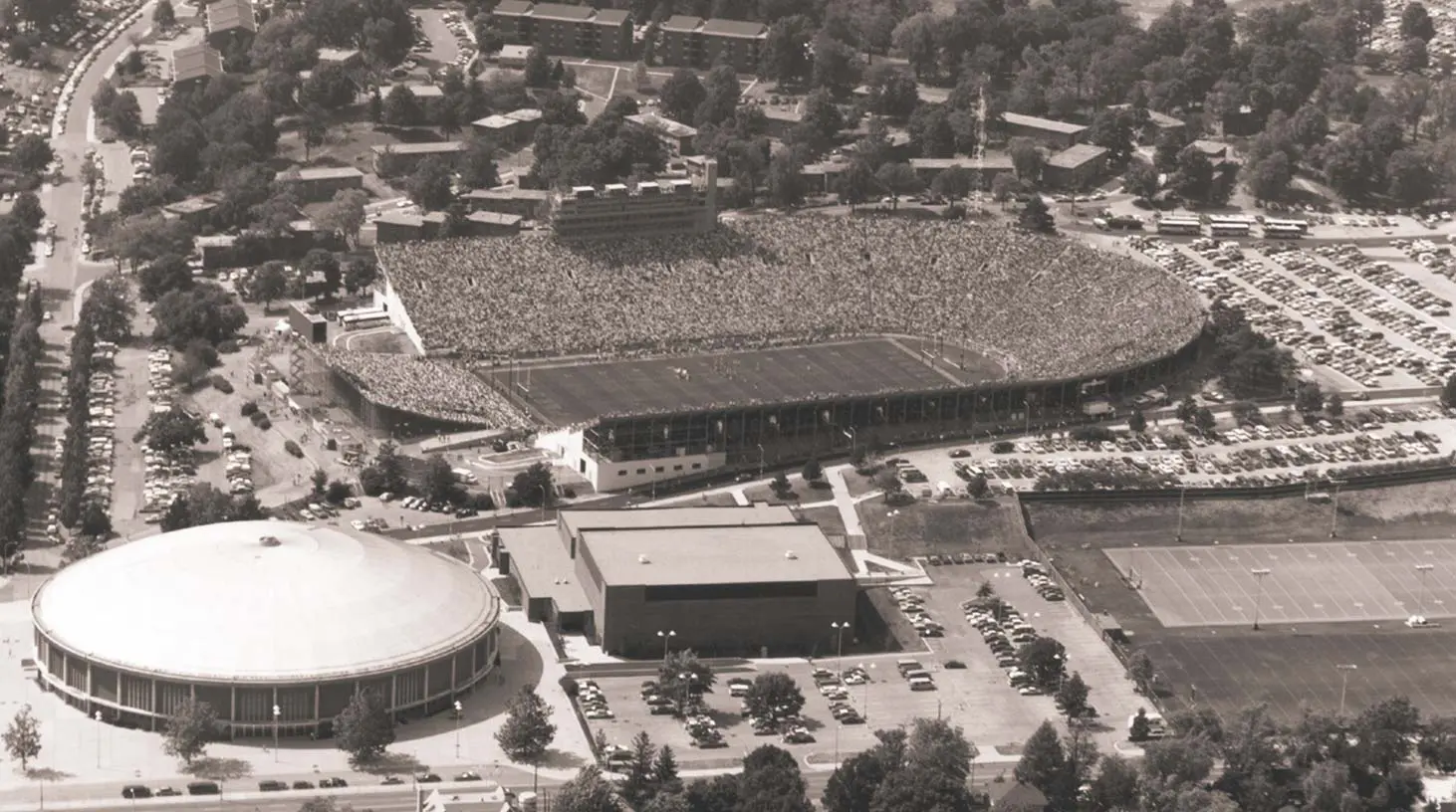 Aerial view of football field with a full stadium